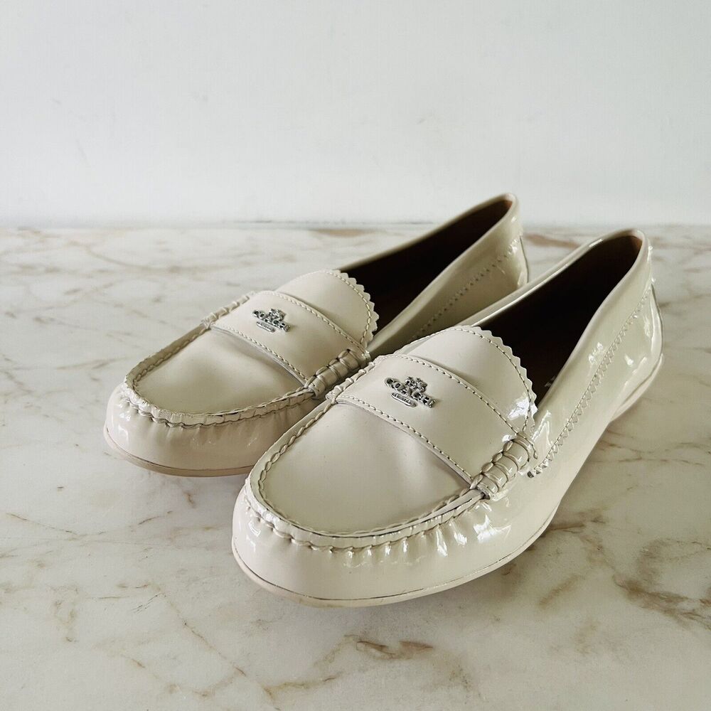 COACH Odette Solid Ivory Patent Leather Driver Loafer Silver Logo - US 6.5